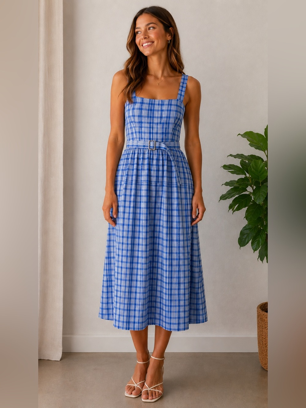 Blue Plaid Midi Dress with Belt
